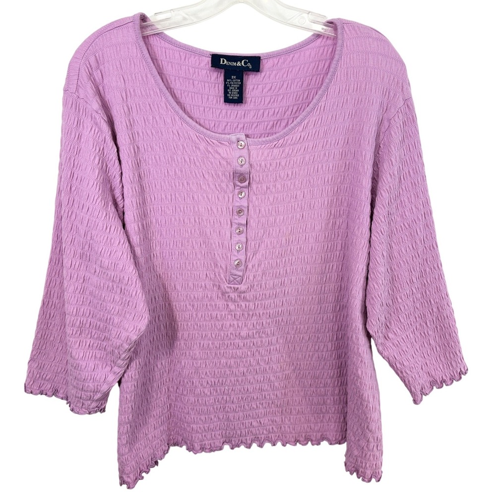 Denim & Co Plus Size 3X Top Purple Ruffle Henley Lettuce Hem Coquette Soft 1840
